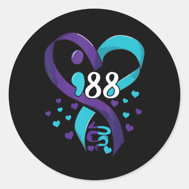 Sticker Rond Suicide Prevention Awareness 988 Heart Teal And Pu (Devant)