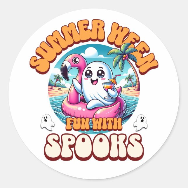 Sticker Rond Summerween Cute Ghost Flamingo Float Beach Party (Devant)