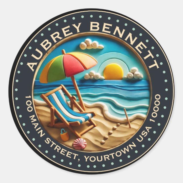 Sticker Rond Sun & Surf Beach Clay Look Art Nom et adresse (Devant)