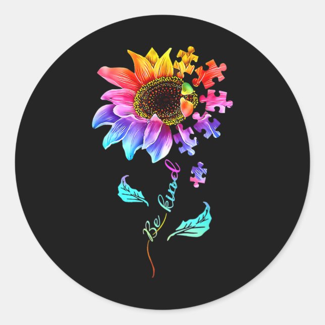 Sticker Rond Sunflower Be Kind Puzzle Piece Sensibilisation sur (Devant)