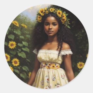 Sticker Rond Sunflower Black Girl Floral Cottagecore esthétique