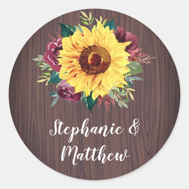 Sticker Rond Sunflower Bourgogne Rose Mariage bois (Devant)
