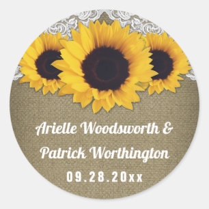 Sticker Rond Sunflower Burlap et mariage dentelle Faveur