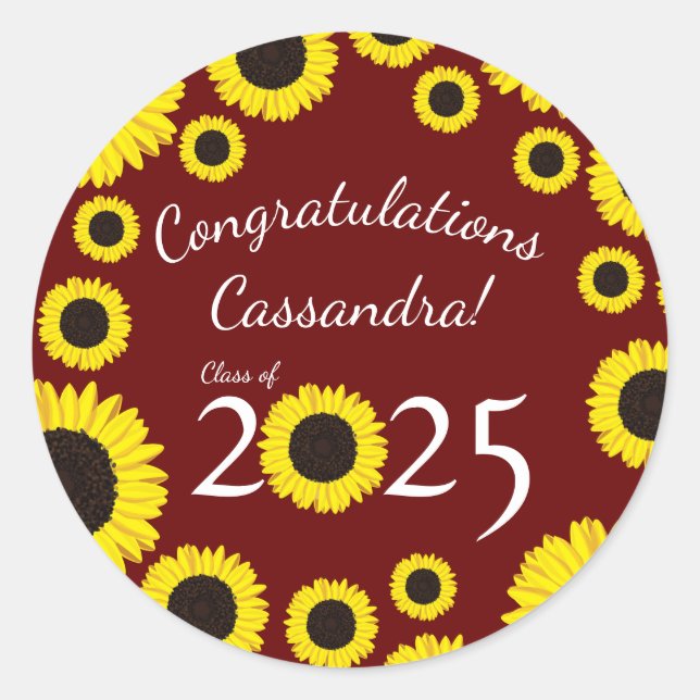 Sticker Rond Sunflower Country Graduation Party Maroon (Devant)
