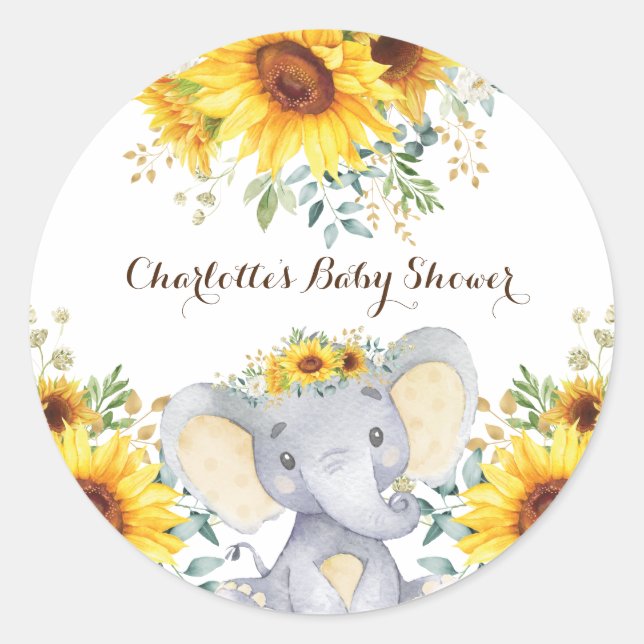 Sticker Rond Sunflower Elephant Baby shower d'été (Devant)