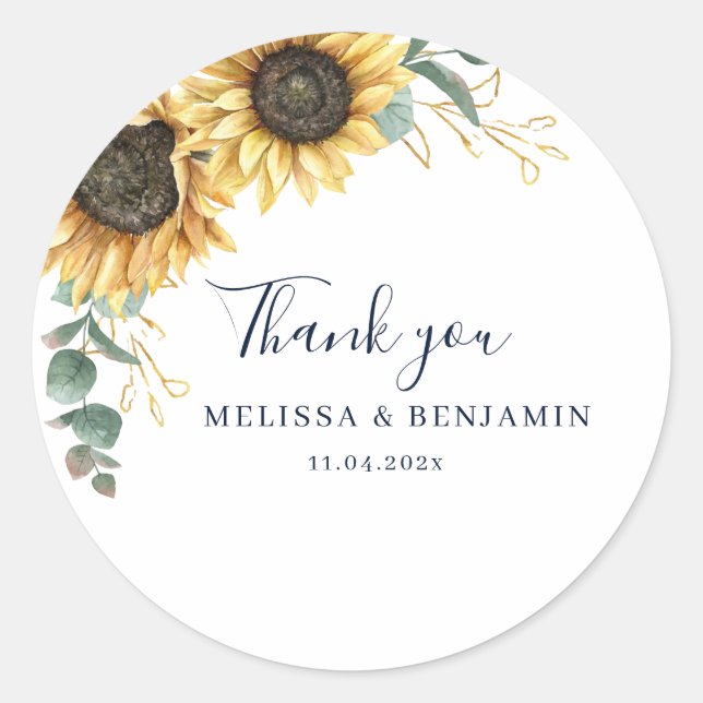 Sticker Rond Sunflower Eucalyptus Floral Thank You Favor (Devant)
