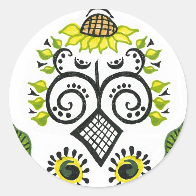 Sticker Rond Sunflower Folk Motif par Alexandra Cook (Devant)