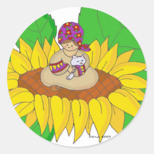 Sticker Rond Sunflower Girl Ukrainien Folk Art
