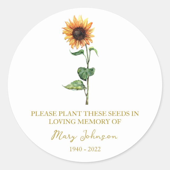 Sticker Rond Sunflower Memorial Funeral Seed Packet (Devant)
