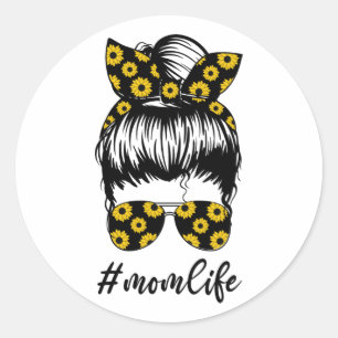 Sticker Rond Sunflower Mom Life Messy Bun mignon Fête des mères
