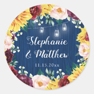 Sticker Rond Sunflower Navy Blue Mason Jars Bourgogne Mariage