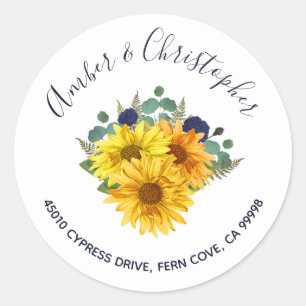Sticker Rond Sunflower Navy Roses Mariage Adresse Enveloppe Sce
