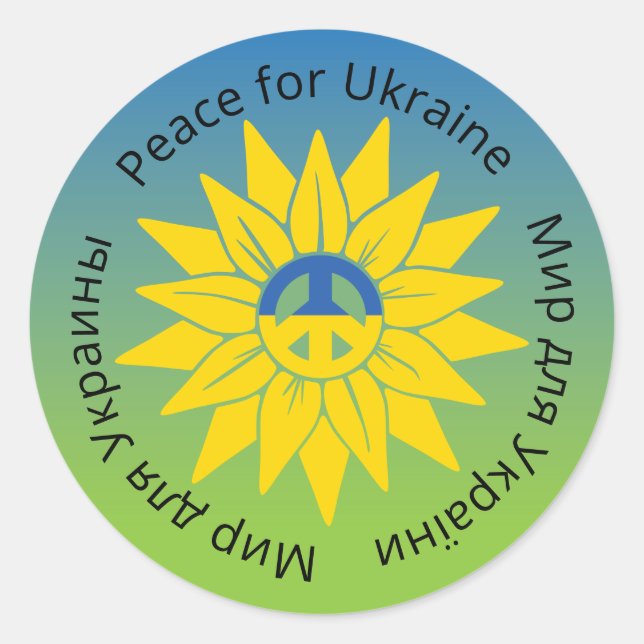 Sticker Rond Sunflower Peace en anglais ukrainien et russe (Devant)