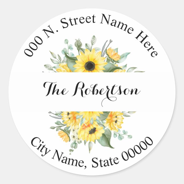 Sticker Rond Sunflowers Greenery Adresse de retour (Devant)