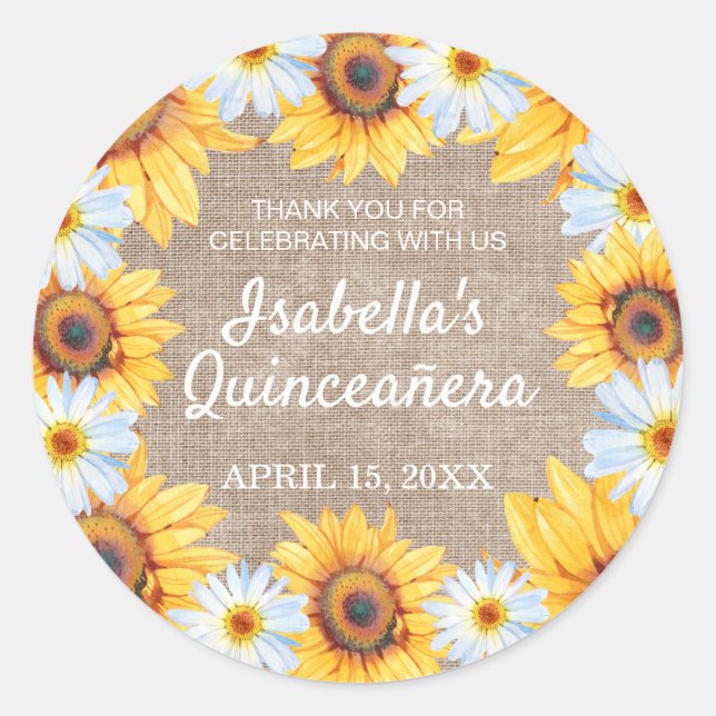 Sticker Rond Sunflowers White Daisy Burlap Quinceañera Nom (Devant)