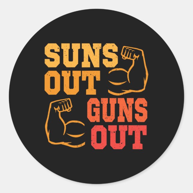 Sticker Rond Suns Out Guns Out Muscles Bodybuilding Poids (Devant)