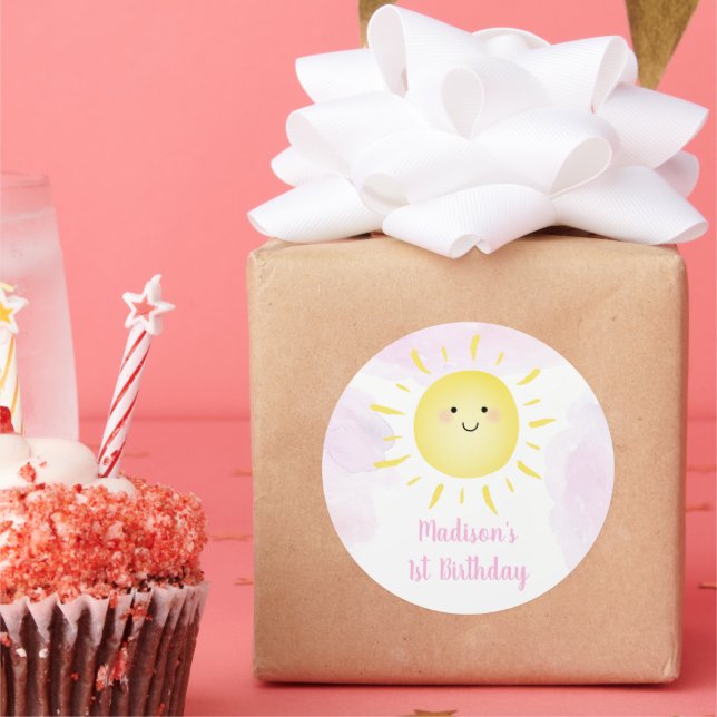 Sticker Rond Sunshine Nuages Rose Girl Anniversaire (Fête)