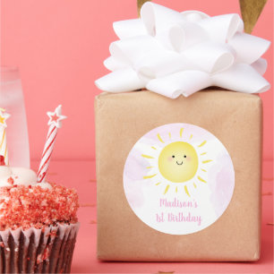 Sticker Rond Sunshine Nuages Rose Girl Anniversaire