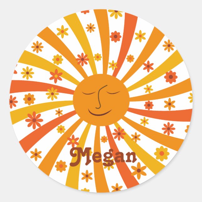Sticker Rond Sunshine rétro Sunburst avec Fleurs nom personnali (Devant)