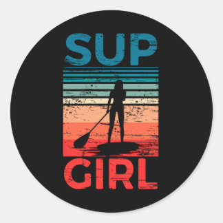 Sticker Rond SUP Girl Stand Up Paddling Surf Board Surf