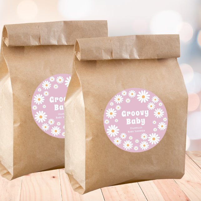 Sticker Rond Super bébé fille Douche Fleur Power Daisies rose (daisy baby girl shower favors sticker pink daisy wreath daisies flower power)