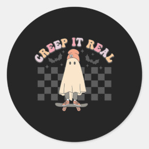 Sticker Rond Super Creep It Real Ghost Citrouille Halloween Spo