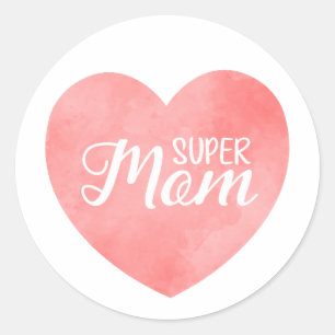 Sticker Rond Super maman dans l'aquarelle rose coeur, jour de l