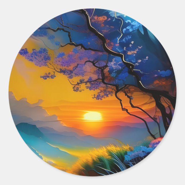 Sticker Rond Superbe lever de soleil sur l'étang (Devant)