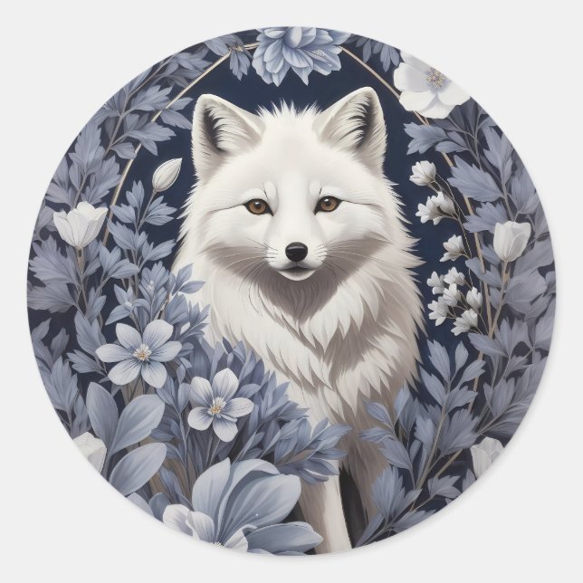 Sticker Rond Superbe Renard arctique William Morris Inspiré (Devant)