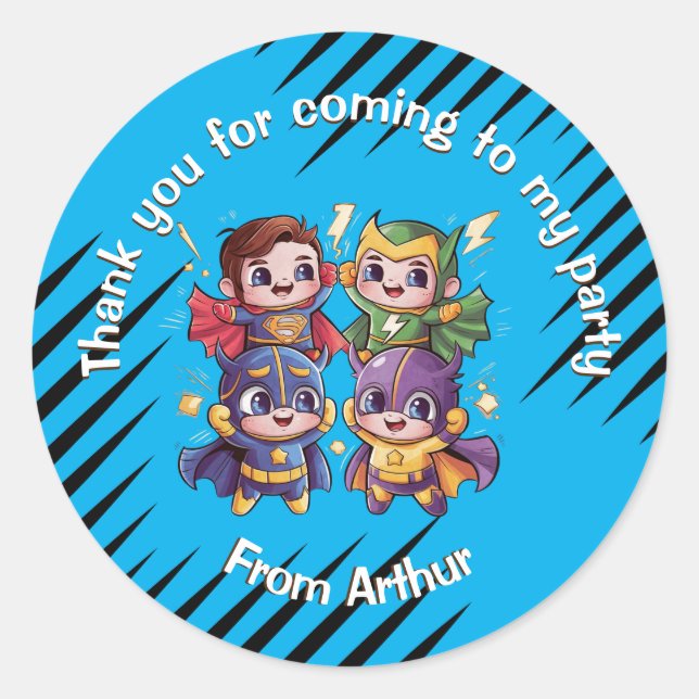 Sticker Rond Superheroes party Enfants super héros identité amu (Devant)