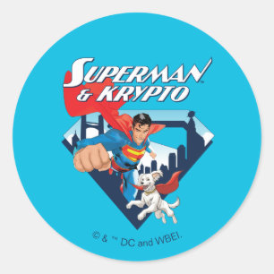 Sticker Rond Superman & Krypto Soar