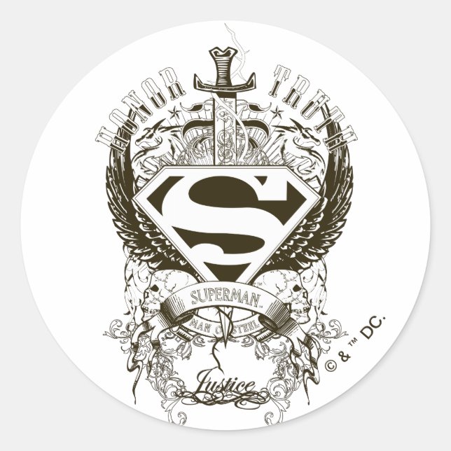 Sticker Rond Superman Stylisé | Honneur, vérité sur logo blanc (Devant)