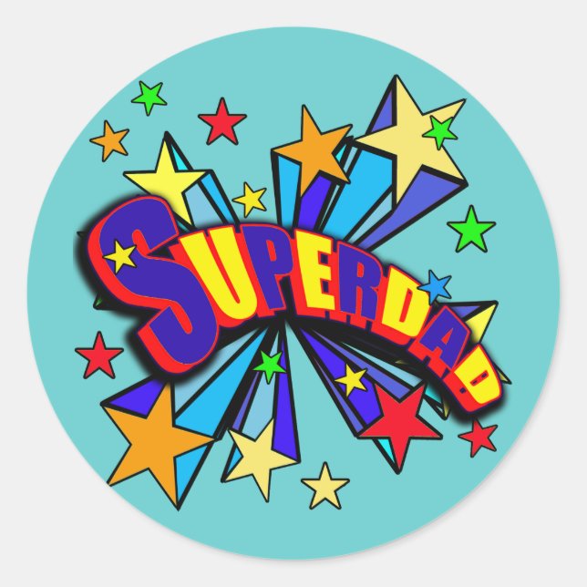 Sticker Rond SuperPapa ! avec Stars et Design de dessin animé (Devant)