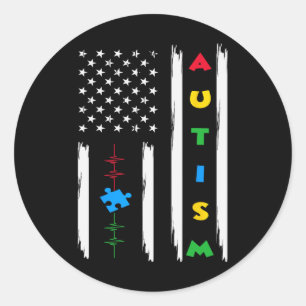 Sticker Rond Support Sensibilisation sur l'autisme American Fla