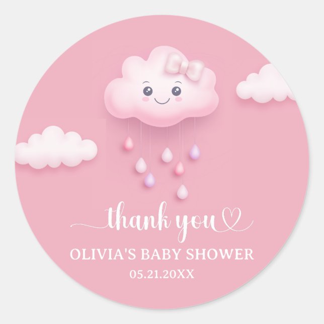 Sticker Rond Sur Cloud Neuf Baby shower de fille rose moderne (Devant)