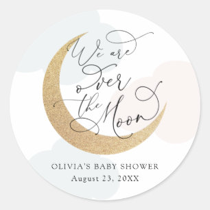Sticker Rond Sur la lune Baby shower bleu et rose