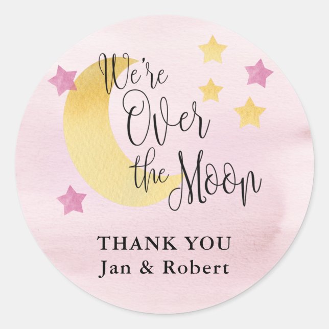 Sticker Rond Sur la Lune, Baby shower d'aquarelle rose Favorise (Devant)