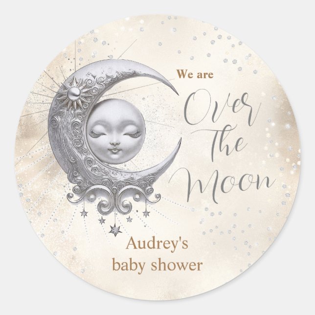 Sticker Rond Sur la lune Baby shower neutre du genre (Devant)