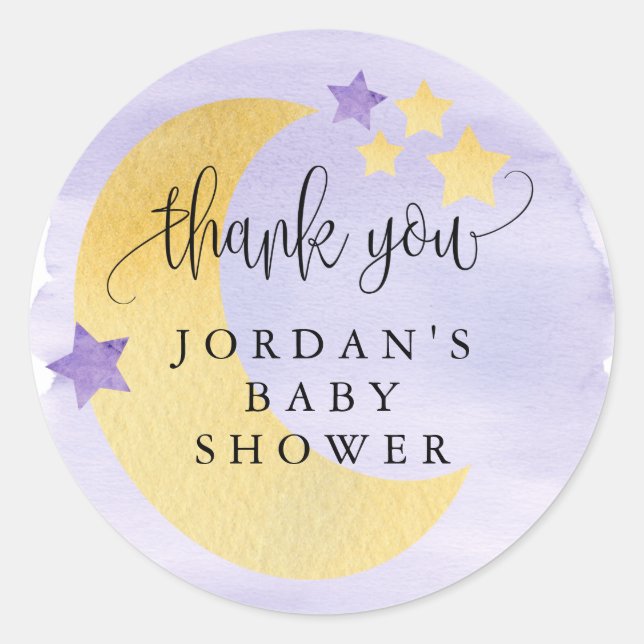 Sticker Rond Sur la Lune, Baby shower pourpre Favor (Devant)