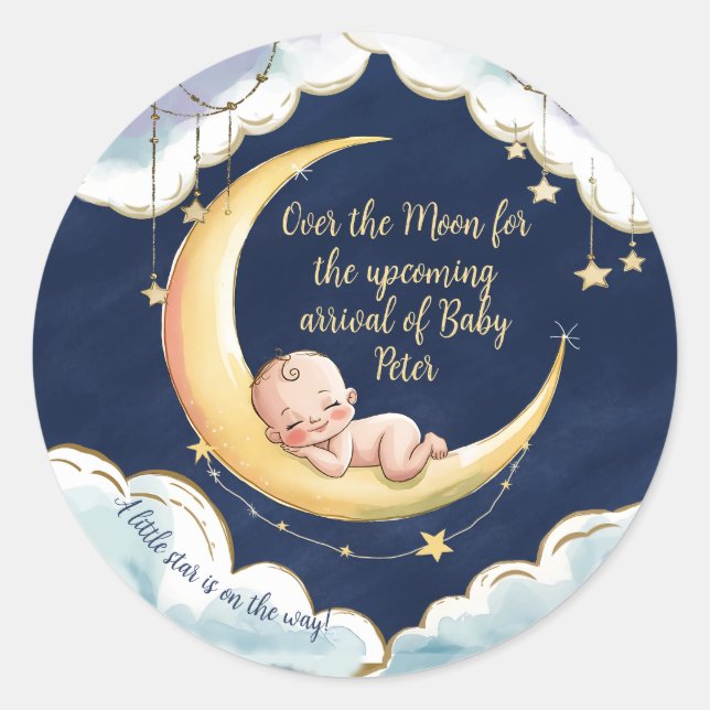 Sticker Rond Sur la lune Bébé Baby shower à thème céleste (Devant)