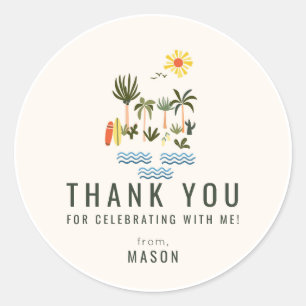 Sticker Rond Surf d'été Anniversaire Fête Merci Favoriser