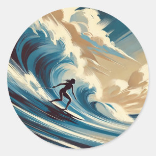 Sticker Rond Surf en Mavericks Californie Surfer Girl Wave