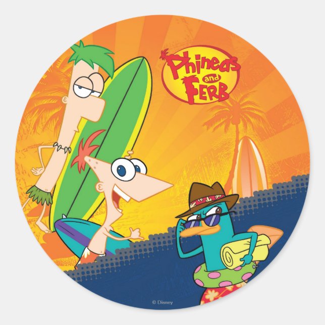 Sticker Rond Surf Phineas, Ferb et Agent P (Devant)