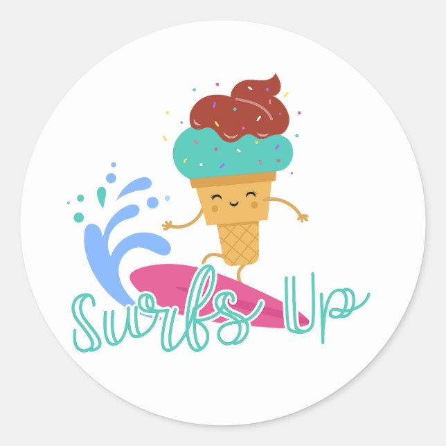 Sticker Rond Surf Up Surfing Summer Ice Cream mignonne Fun Favo (Devant)