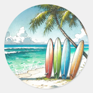 Sticker Rond Surfboards on the Beach Watercolor and Ink