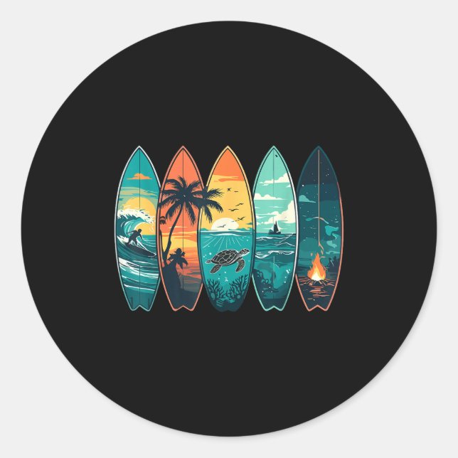 Sticker Rond Surfboards Sunset Ocean Beach Vibe Surfer  (Devant)