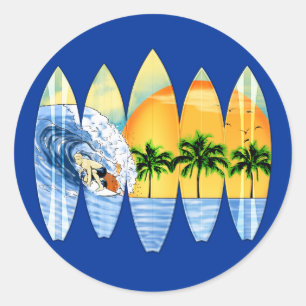 Sticker Rond Surfer Et Surf