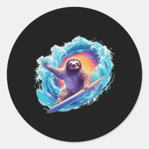 Sticker Rond Surfer Sloth Riding Vague Avec Surfboard