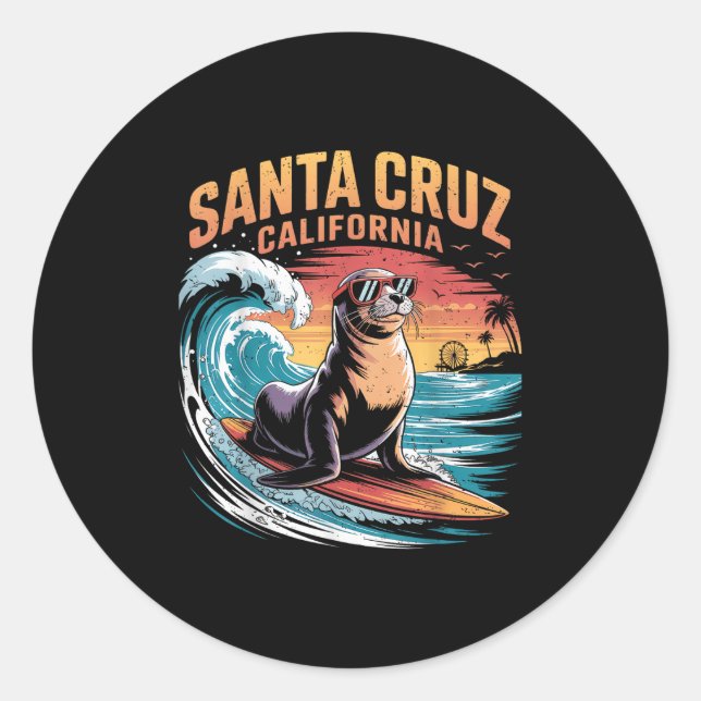 Sticker Rond Surfer Surf les années 70 80s Père Noël Cruz Calif (Devant)