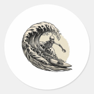 Sticker Rond Surfeur squelette vintage surf grande vague drôle